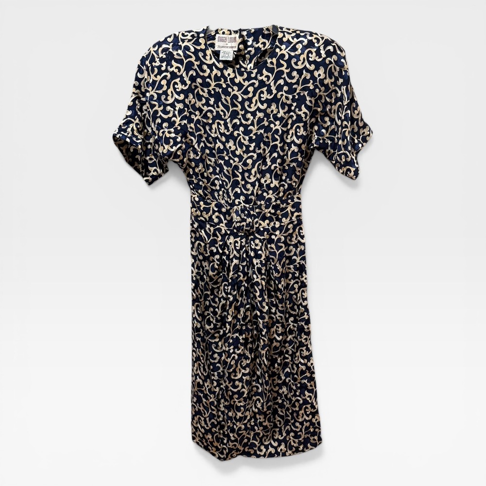 Maggy London Dress Womens 4 Navy Gold Vintage Silk Jacquard Excellent Floral 80s - Picture 1 of 6